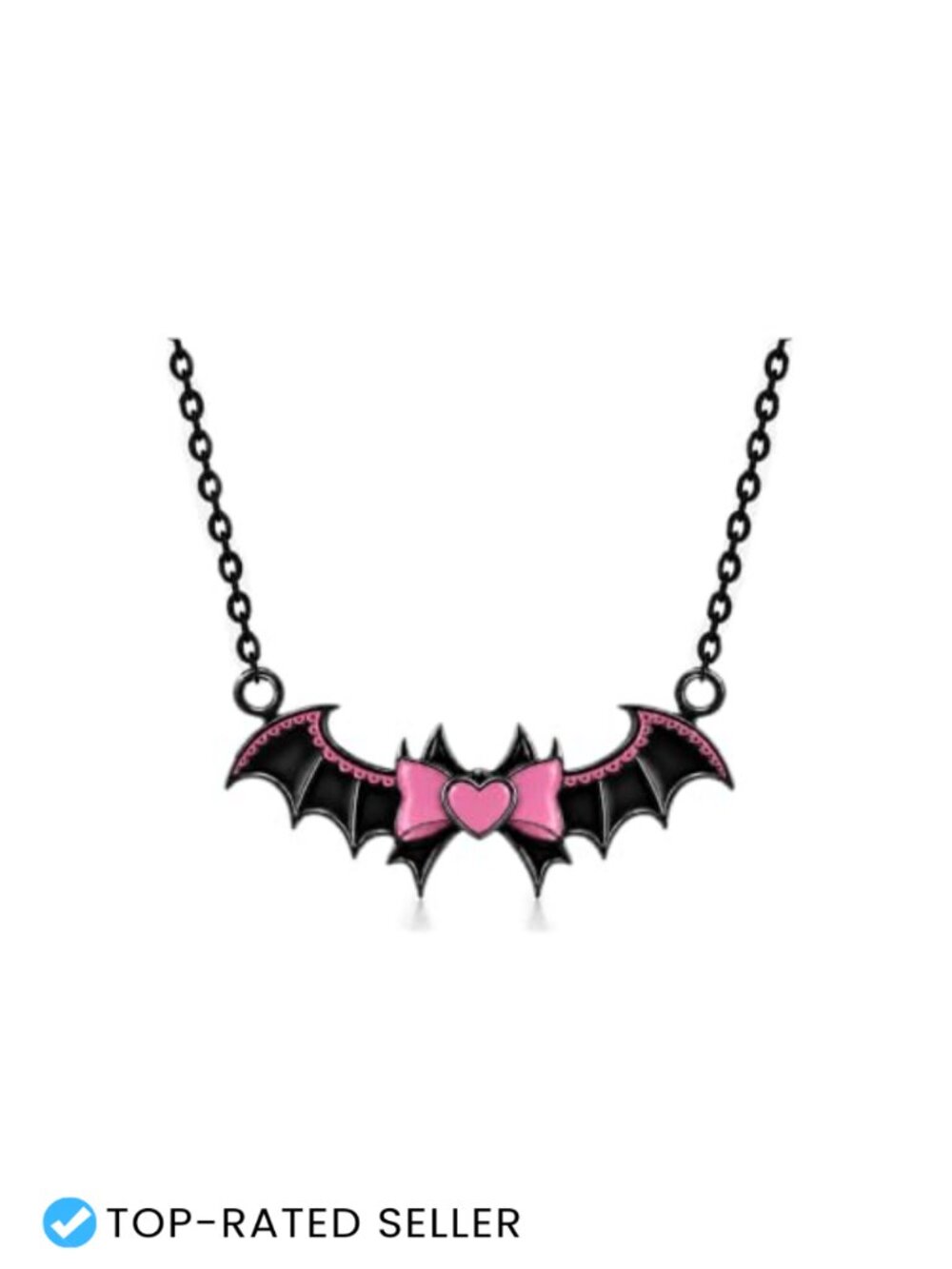 Gothic Bat Pendant Necklace with Pink Lace Trim, Bow & Heart, Chain 18-22"
